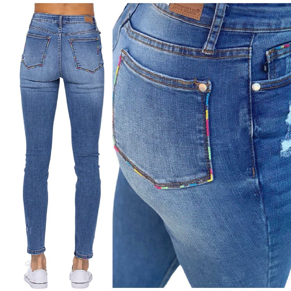 New Judy Blue Multicolor Embroidery Pocket Skinny Jeans